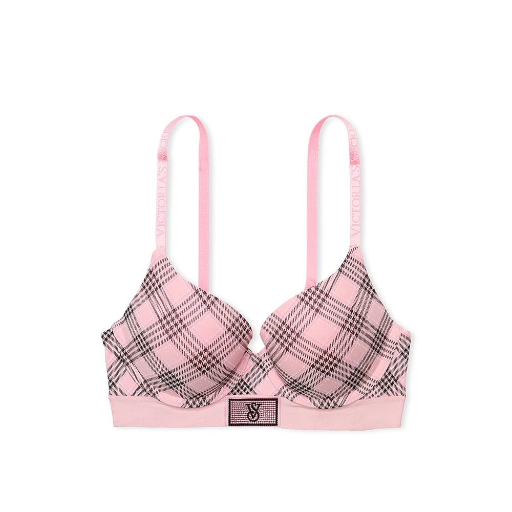 Victoria's Secret Pink Plaid Shine Strap Rhinestone Perfect Shape Bra NWT 32B